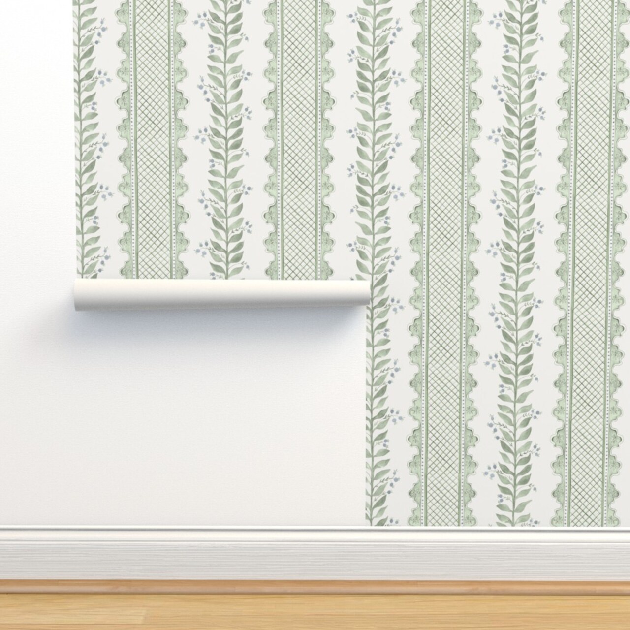 Sage Green Stripe Botanical Watercolor Garden Grandmillenial Custom Removable Wallpaper by Spoonflower Peel & Stick Wallpaper 2FT Wide